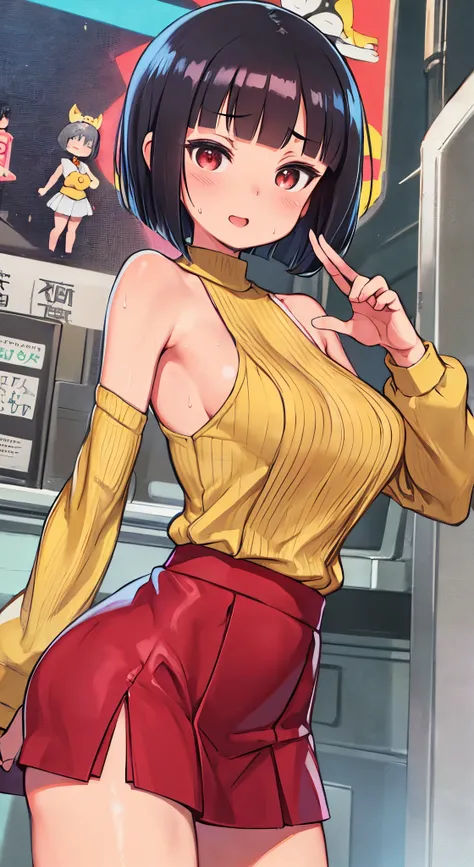 (Perfect body),Best Quality,16 K、((((Short stature))))、((((Lori))))、((Yellow sweater))、((Red miniskirt))、Sleeveless sweater、(White panty)、(((blush)))、:D、One eye is closed、I have my mouth wide open、Tsuriformes、Blunt bangs、(short-hair)、(((bob cuts)))、(Red Ey...