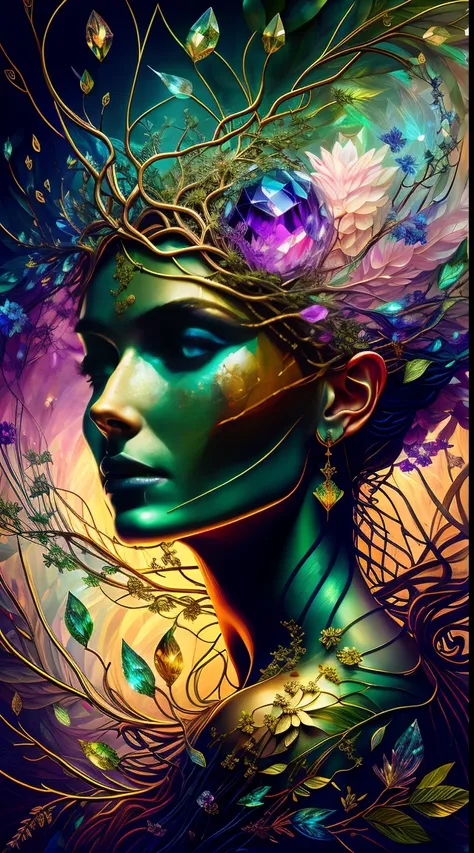 plant maiden，vine princess，witch of thorns，beautiful line art photo，use gold strokes and rainbow paint，golden maiden，the golden ...