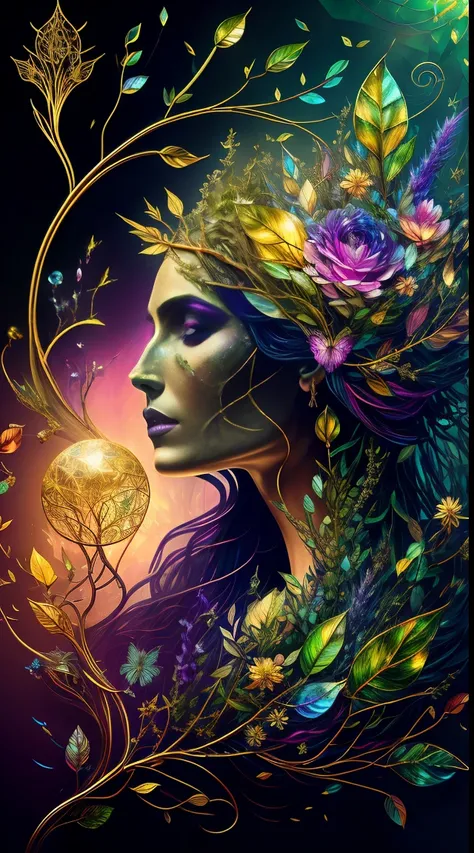 Plant Maiden，Vine Princess，Witch of Thorns，Beautiful line art photo，Use gold strokes and rainbow paint，Golden Maiden，the golden ratio，Melted wax，Visible brush strokes，surrounded by crystal spheres，3D Mosaic Wireframe，neuroimaging，neurons，The Tree of Life，c...