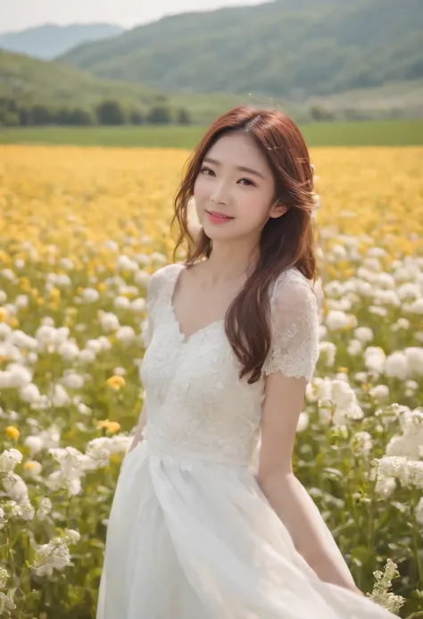 A woman in a white dress stands in a flower field, beautiful Korean women, beautiful young korean woman, standing in flower field, There are flowers, Girl in the flowers, gorgeous young korean woman, standing in flower field,girl standing in flower field, ...