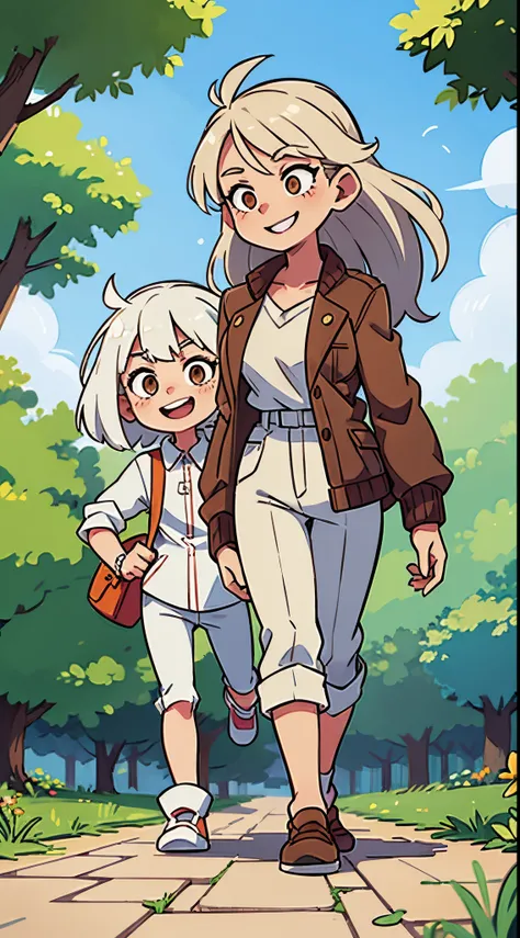 White haired female with a brown haired woman , walking in a park, long hair , smiling