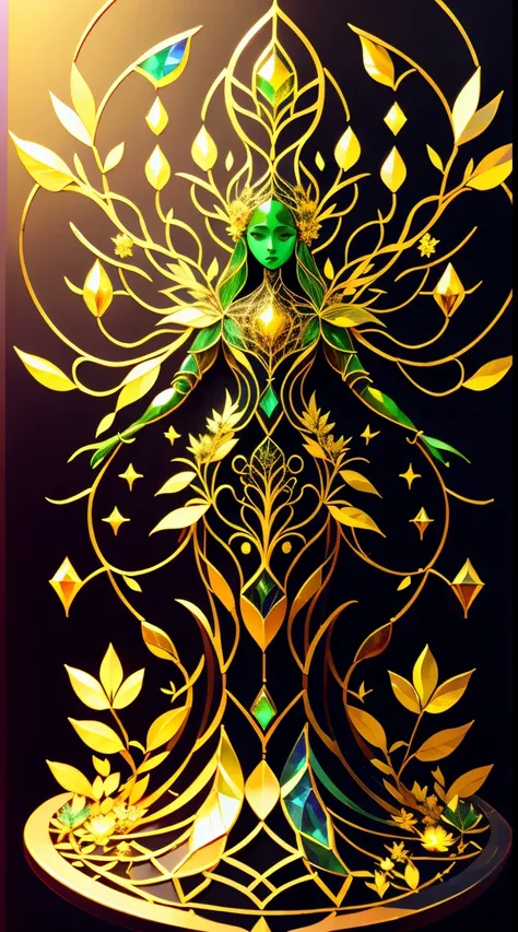 Plant Maiden，Vine Princess，Witch of Thorns，Beautiful line art photo，Use gold strokes and rainbow paint，Golden Maiden，the golden ratio，Melted wax，Visible brush strokes，surrounded by crystal spheres，3D Mosaic Wireframe，neuroimaging，neurons，The Tree of Life，c...