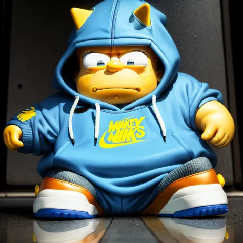 Fat Bart Simpson wearing Air Jordan 4s wearing a Nike hoodie sitting alone sad in the rain on a cold day