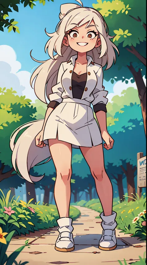 white haired female with a brown haired woman , walking in a park, long hair , smiling