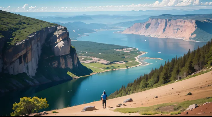 Draw an impressive scenery where a person is standing on top of a high mountain. A montanha representa a jornada da vida, com suas altas e baixas, desafios e conquistas. The person in the image should be represented with an expression of humility and deter...