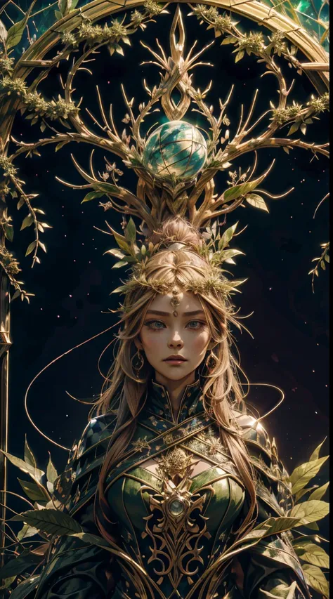 Plant Maiden，Vine Princess，Witch of Thorns，Beautiful line art photo，Use gold strokes and rainbow paint，Golden Maiden，the golden ratio，Melted wax，Visible brush strokes，surrounded by crystal spheres，3D Mosaic Wireframe，neuroimaging，neurons，The Tree of Life，c...