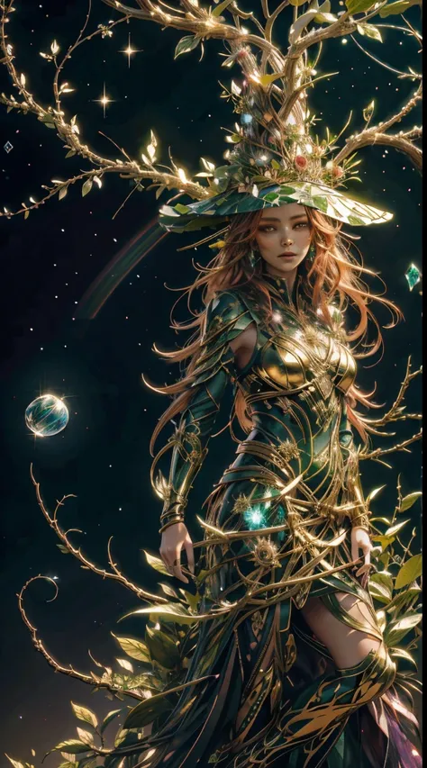 plant maiden，vine princess，witch of thorns，beautiful line art photo，use gold strokes and rainbow paint，golden maiden，the golden ...