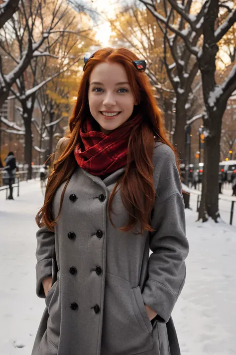 Ultra high definition images, 1 girl, smiling, long red hair, (gray warm clothing and scarf, full body Esbian, red pendant, full body image) You will see on a busy street in central park in winter