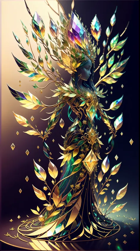 Plant Maiden，Vine Princess，Witch of Thorns，Beautiful line art photo，Use gold strokes and rainbow paint，Golden Maiden，the golden ratio，Melted wax，Visible brush strokes，surrounded by crystal spheres，3D Mosaic Wireframe，neuroimaging，neurons，The Tree of Life，c...