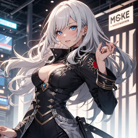 ((best quality)), ((Meisterwerk)), (Detailliert), 1 girl, silver hair, long hair, blue eyes, medium chest, get rapet on the maket