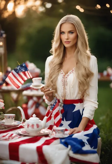 A photo of the character hosting a patriotic-themed tea party in the backyard.,original,Long blonde hair, blue eyes, thin, a lot of makeup, tries to look younger than she is, likes beige clothes, modest clothes, female