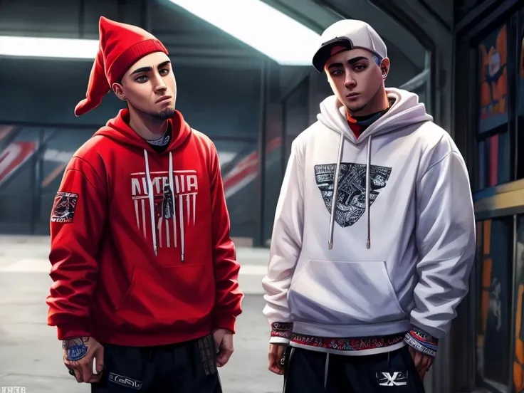 Um Gnomo parecido com o cantor Eminem, usando roupas Streetwear