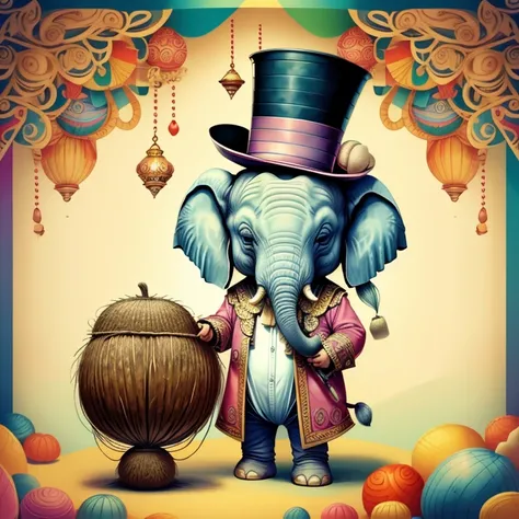 (cute baby elephant with a top hat, doing juggler with coconuts in the circus), Munchkin ,Geometric multidimensional wall portrait, livro de arte, Tchibi,
Yang08k, Beautiful, Colouring,
Obras, of the highest quality, best quality, Arte Oficial, Beautiful a...