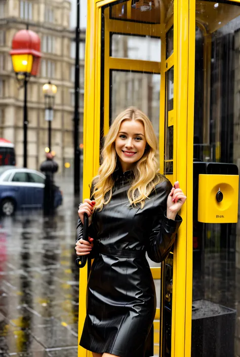 blonde woman in black dress holding yellow umbrella in front of red phone booth, on a wet london street, standing in the rain, in the rain, in london, raining outside the cafe, raining outside, pretty girl standing in the rain, holding a umbrella, yellow r...