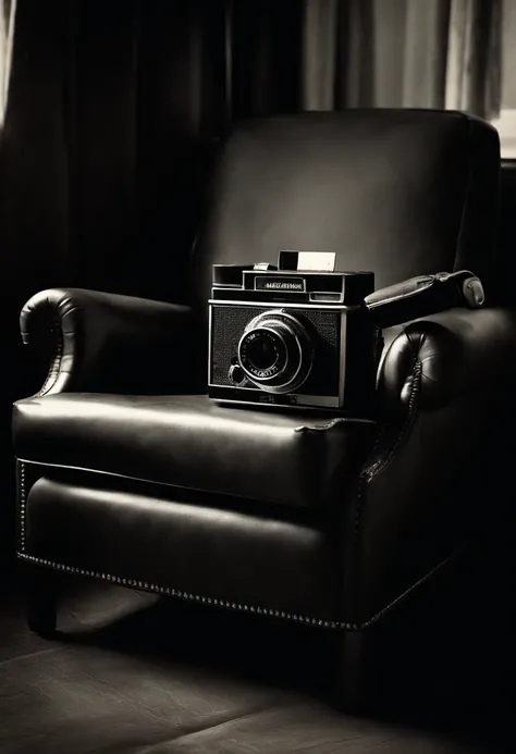 A dark and enigmatic photo of a vintage Polaroid camera resting on a worn leather chair,Mad Men TV Series,Don Draper, the enigmatic protagonist of the TV series “Mad Men,” is the epitome of 1960s advertising glamour with a complex and often mysterious pers...