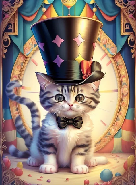 ((cute baby cat with a top hat playing in the circus), Munchkin ,Geometric multidimensional wall portrait, livro de arte, Tchibi,
Yang08k, Beautiful, Colouring,
Obras, of the highest quality, best quality, Arte Oficial, Beautiful and Aesthetic,