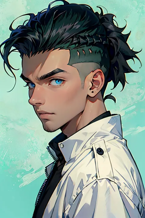 ellion quincy, man, young, with half shaved hair on the sides and short hair on top, guy with blue eyes, guy with black hair, an...