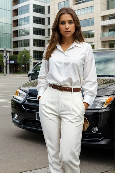 wide angle photo, A very beautiful girl with light brown hair, slightly tanned skin, glowing and flawless skin, soft rays of sun illuminating her, standing, getting out of the prius car, holding a cell phone. She is wearing a white suit, white blouse, beig...