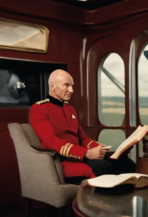 A photo of Captain Picard sipping a cup of Earl Grey tea in the ships observation lounge, with a book of Shakespeares sonnets open in front of him.,Star Trek: The Next Generation,Picard is bald, with a poised, upright bearing, and a measured, commanding pr...