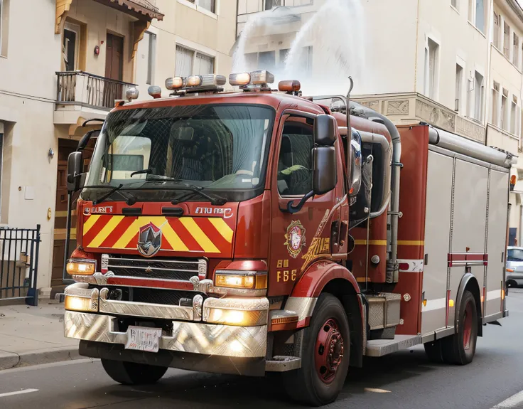 arafed fire truck driving down a street in front of a building, fireman, pyromallis rene maritte, reportage photo, afp, by François Girardon, pyromallis, tf 1, flames, 1 0 2 4 x 7 6 8, 1285445247]