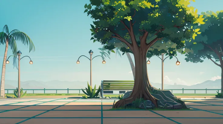 ghibli style background, park, concrete floor, trees, rock under the tree, palm trees, Park bench, Garden lamp, plant, fence, day time, sky in the background,