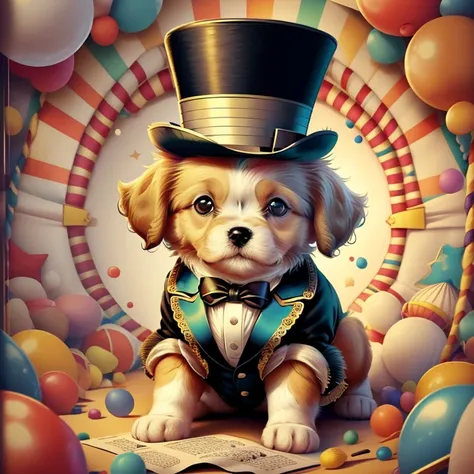 (cute baby puppy with a top hat playing in the circus), Munchkin ,Geometric multidimensional wall portrait, livro de arte, Tchibi,
Yang08k, Beautiful, Colouring,
Obras, of the highest quality, best quality, Arte Oficial, Beautiful and Aesthetic,