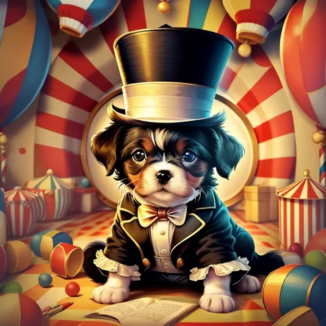 (cute baby puppy with a top hat playing in the circus), Munchkin ,Geometric multidimensional wall portrait, livro de arte, Tchibi,
Yang08k, Beautiful, Colouring,
Obras, of the highest quality, best quality, Arte Oficial, Beautiful and Aesthetic,