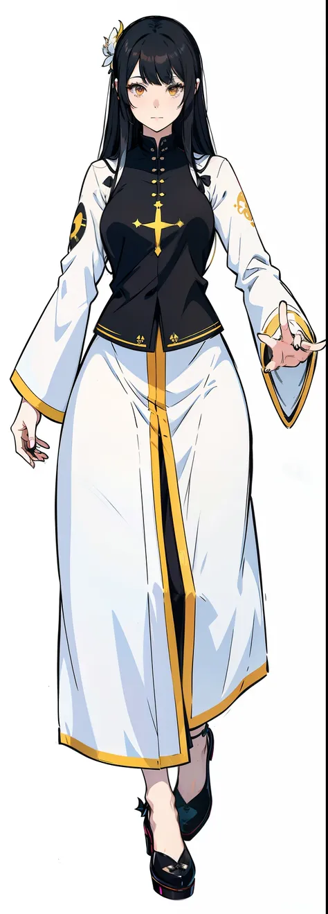 a woman in a white dress with black and yellow trim, maya fey from ace attorney, ueshiba riichi, female anime character, hannah yata, full body close-up shot, as an anime character, nun outfit, dressed like a cleric, anime character, !!full body portrait!!...