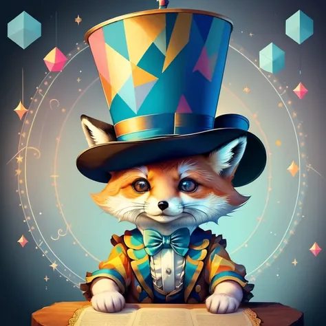 (cute baby fox with a blue top hat playing in the circus), Munchkin ,Geometric multidimensional wall portrait, livro de arte, Tchibi,
Yang08k, Beautiful, Colouring,
Obras, of the highest quality, best quality, Arte Oficial, Beautiful and Aesthetic,