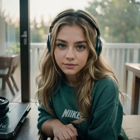 Selfie of a stunning beautiful italian woman, 17 years old, perfect fit body, big green eyes, long messy windy blonde hair, green eyes, nice medium tits, beautiful blonde wearing Sweatshirt (nike)  (sitting in a chair with gaming headphones on her head), v...