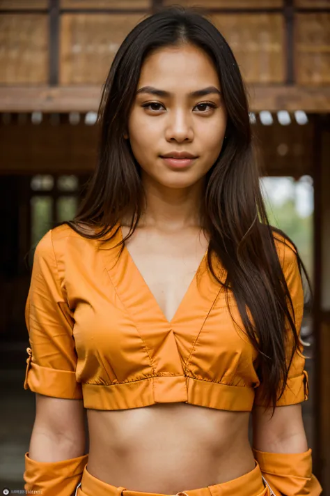 A portrait centered on the face of a Javanese girl looking straight at the camera, 18 years old, (masterpiece), Javanese skin tone, best quality, expressive eyes, perfect face, tiny nose, big mouth and full lips, (ultra realistic), (Orange Formal Suit), Sm...