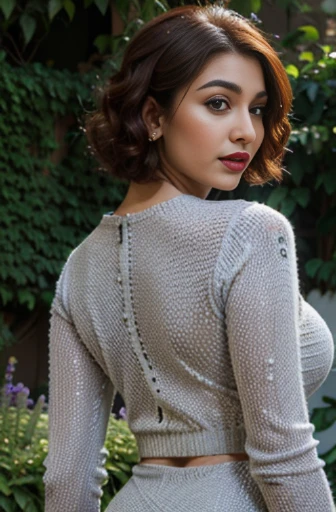 beautiful gorgeous glorious bollywood actress, standing in garden, wearing grey knitted bodycon dress, pretty face, beautiful gl...