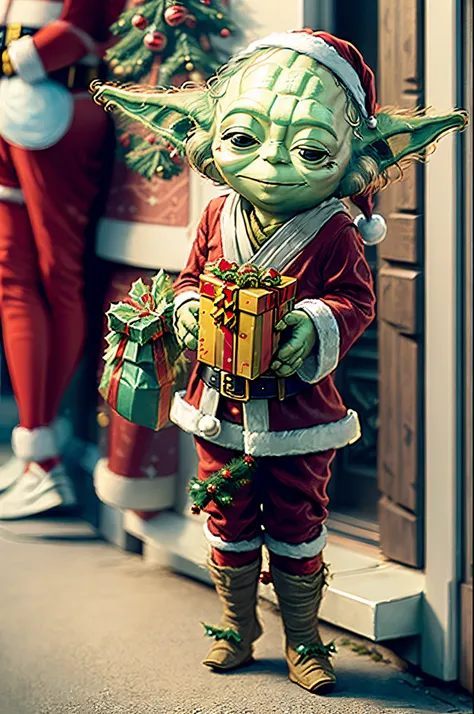 (Yoda from Star Wars dressed as Santa Claus:1.6), (very detailed face:1.4), masterpiece, happily carrying presents、(Chibi: 1.5), Ultra Detail, radiant light、bio luminescent、Stronger bokeh effect, christmas atmosphere, (anime style IMAGE:1.2), (smiling face...