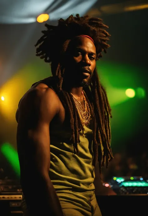 Create a logo with the head of a black man with dreadlocks in black colors, verde, amarelo e vermelho (olhando para a frente) , imagem estilo logomarca , Sober, (fundo preto), Image with resolution of at least 300dpi, UHD 8k, Very high quality for excellen...