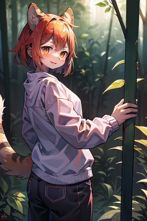 masterpiece, extremely detailed, volumetric light, 1girl, tiger themed succubus, orange hair, tiger ears, tiger tail, tiger eyes, smile, sunny, in a jungle, blushing, (beautiful detailed eyes)