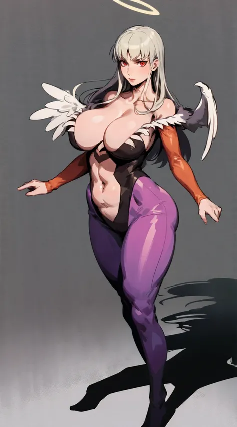 morrigan aensland, blond hair, tunic, pants, sensual curvs, curvy, huge breast, priestess,red eyes, feathered wings,angel halo, horns, standing ,full body, religious, prirestess, pullover