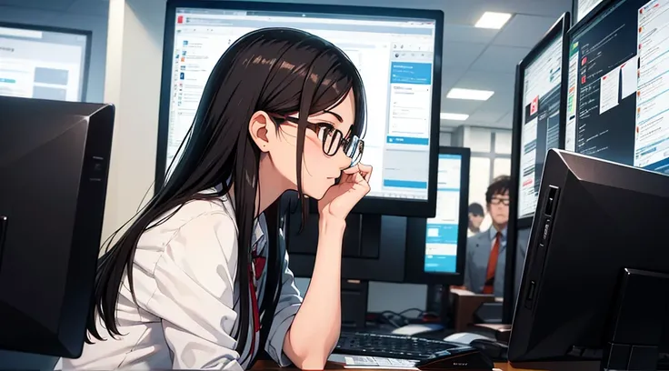 1woman, 30 years old, long black hair, brown eyes, glasses, wearing office clothing, wearing earphones, office work cubicle, high res, ultrasharp, 8K, masterpiece, side profile, looking at computer screen, not looking at camera, focused expression