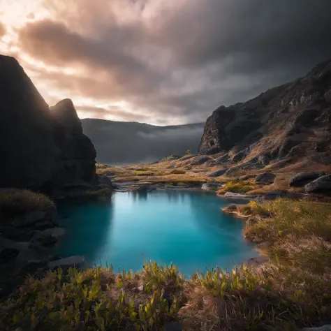 Magnificent view，Forest mountain landscape photography，Nature，It just rained，Bushes in the moonlight，Turquoise blue water，Boulders of various shapes，Alpine cliffs，1 white Phalaenopsis orchid，Minimalist cyan black and white gray tones，foggy sky，Nightmare vi...