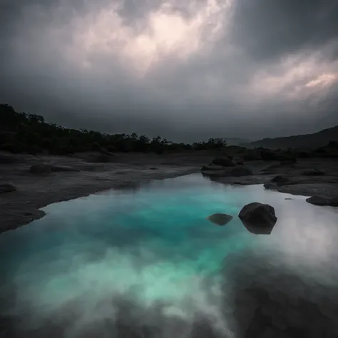 Magnificent view，Forest mountain landscape photography，Nature，It just rained，Bushes in the moonlight，Turquoise blue water，Boulders of various shapes，Alpine cliffs，1 white Phalaenopsis orchid，Minimalist cyan black and white gray tones，foggy sky，Nightmare vi...