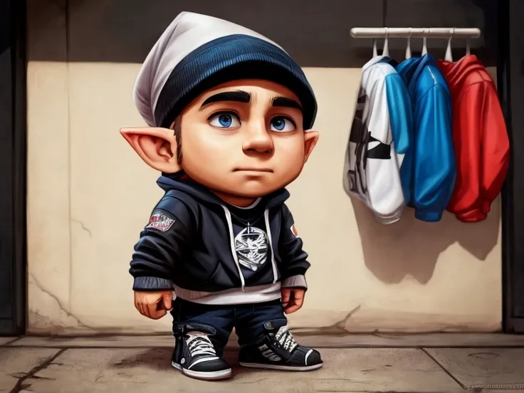 A Gnome that looks like singer Eminem, usando roupas Streetwear