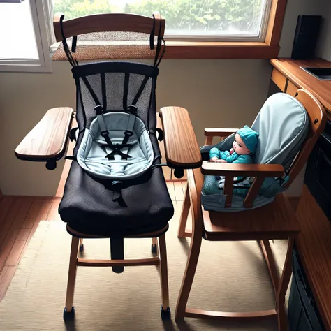 a mesh net hanging underneath a baby’s high chair that is held up by rods