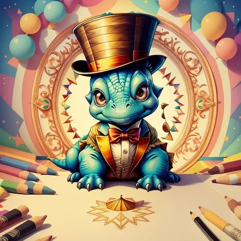 (cute baby dinosaur with a top hat playing in the circus), Munchkin ,Geometric multidimensional wall portrait, livro de arte, Tchibi,
Yang08k, Beautiful, Colouring,
Obras, of the highest quality, best quality, Arte Oficial, Beautiful and Aesthetic,