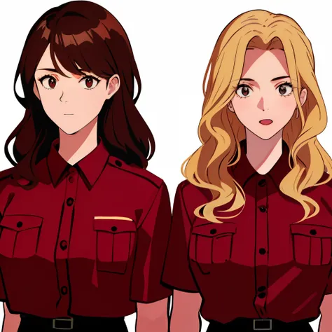 2girls, duo, twins, standing shoulder-to-shoulder, office lady outfits, teenage woman, brown hair, blonde hair, long curly hair, hair down, hazel eyes, white background