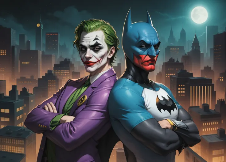 Batman und Joker stehen nachts vor einer Stadt, DC Comics Kunststil, Fan-Art, Batman als Joker, von Randy Gallegos, Artgerm und Grek Rutkowski, inspiriert von Joe Jusko, Hintergrund von Gotham City, der Joker als Batman, 8k Comic-Kunst, 3840x2160