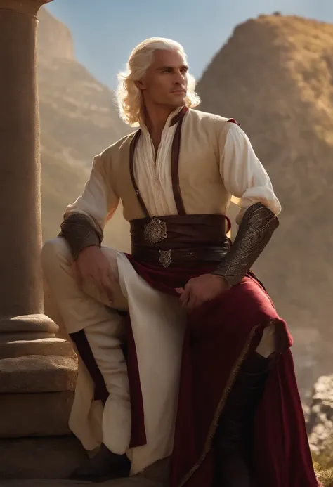 Aemond Targaryen sitting on the edge of the cliff, overlooking the sea, with Vhagar perched next to him,Dance of the Dragons,[Prince Aemond Targaryen; Appearance=medieval regal attire, expensive fabrics, impeccable taste, wears dark colours, casual attire ...