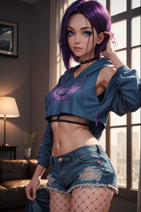 Purple hair, tie die hoodie, crop top, jean shorts, big ass, (master piece), light blue eyes, living room, (pulling down shorts), (back view), (exposed asschecks:1.2), (looking at viewer), (beautiful smile), (dark lighting), laying on couch, perfect body, ...