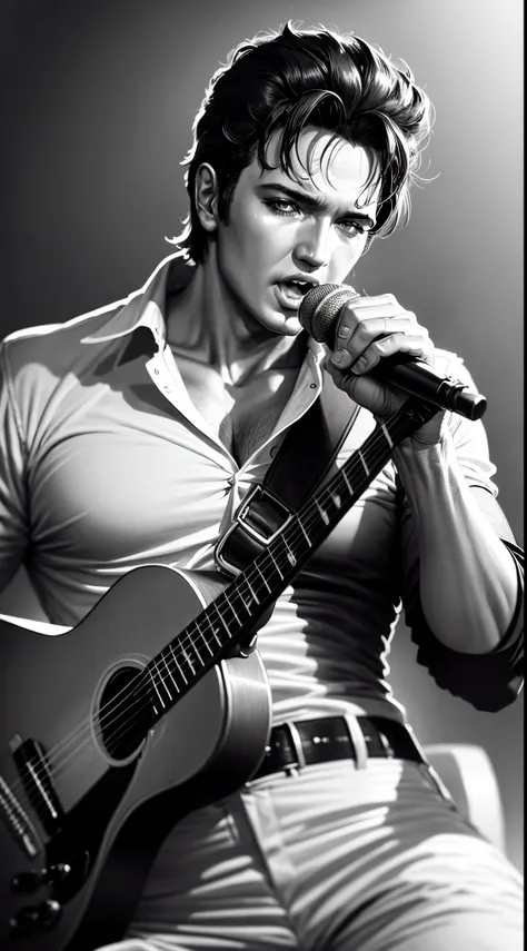 crie uma imagem close up corpo inteiro de elvis presley, singing for fans best quality high quality