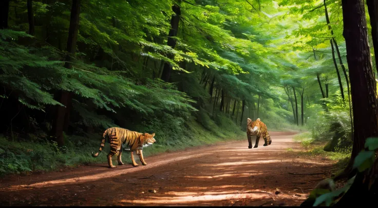 A tiger is following a fox in the forest. Long Shot. Cinematic.