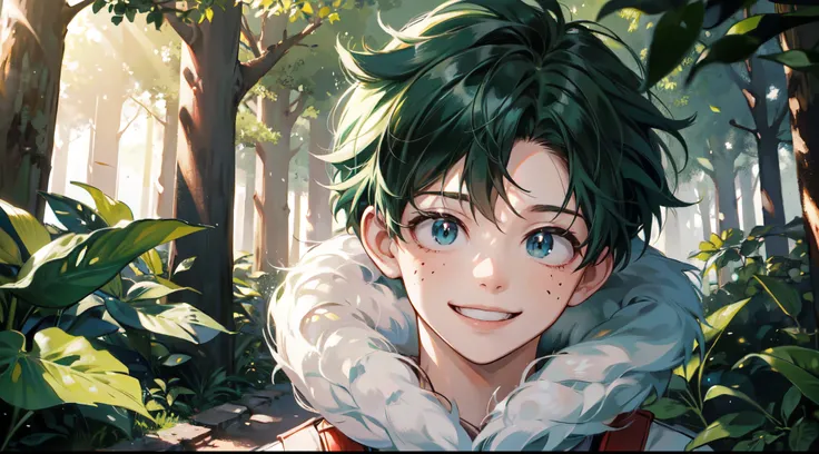 (best quality, ultra-detailed), midoriya, face poirtrat, happy expression, in forest