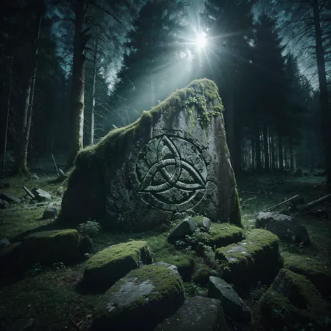 Wispy moonbeams shining down on the ruins of a fallen stone circle, where the focus is on a triquetra carved into the remains of one of the fallen stones. It is amidst the forest, and is overgrown with moss and almost lost to time. It is night. Kodak Portr...